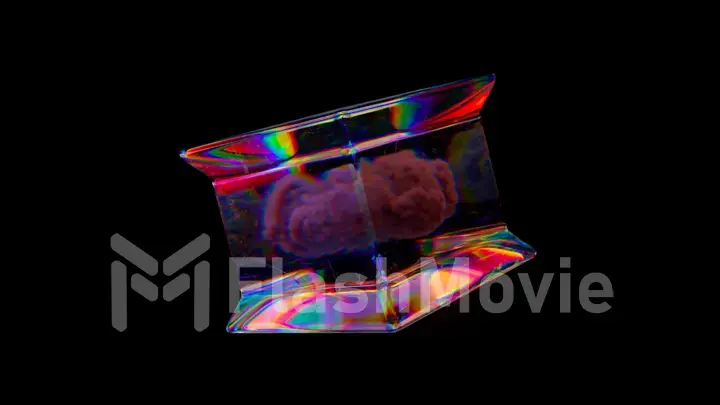 A gray cloud inside a glass rotating box. Black isolated background. Transparent cube. Rainbow color.