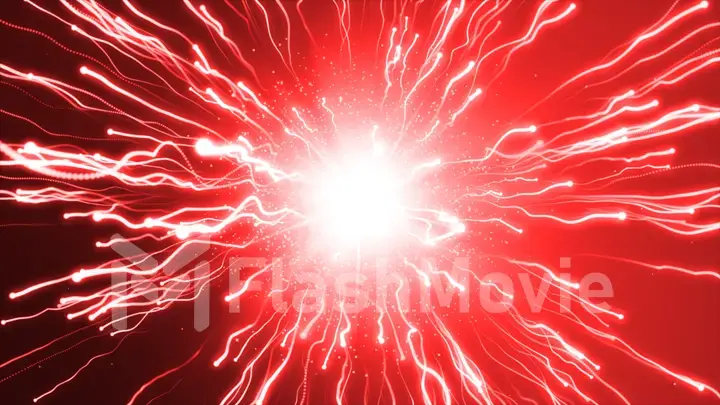 A large red explosion particles under a microscope