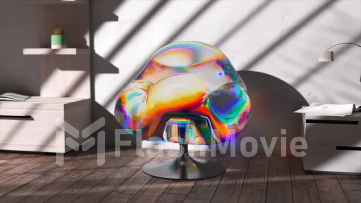 An office chair turns into a liquid transparent rainbow substance. Office furniture. Shadow on the white wall.