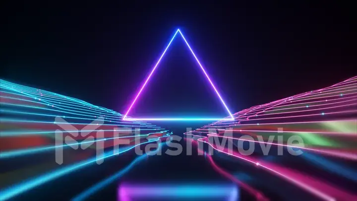 Abstract neon triangle tunnel technological. Animated background with a wave stepped surface. Modern neon light. Bright neon lines sparkle and move forward. 3d illustration