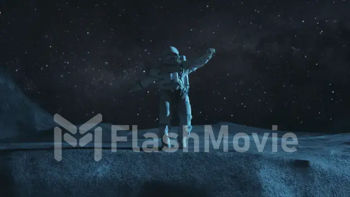 An astronaut in a spacesuit stands on the surface of the planet against the backdrop of space. Starry night sky.