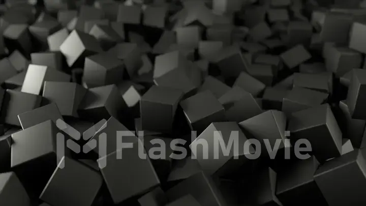 Black white 3D illustration from a pile of abstract cubes rolling and falling from top to bottom.
