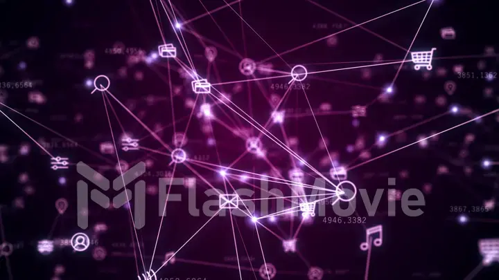 Background of randomly moving network and internet related things. Online shopping, social networks, connections, global connections. 3d illustration