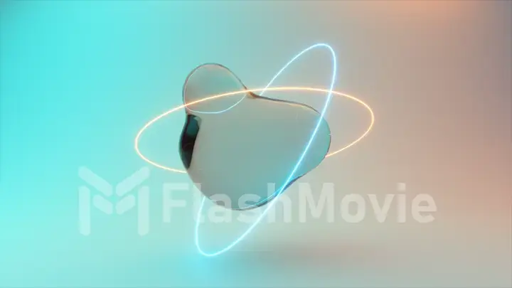 Abstract background with morphing water spheres illuminated by neon rings. 3d illustration