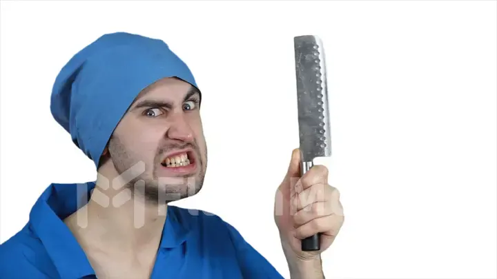 Angry crazy bearded doctor with a butcher knife