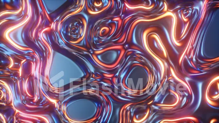 Abstract glowing 3d render holographic oil surface background, foil wavy surface, wave and ripples, ultraviolet modern light, neon orange blue pink spectrum colors. 3d illustration