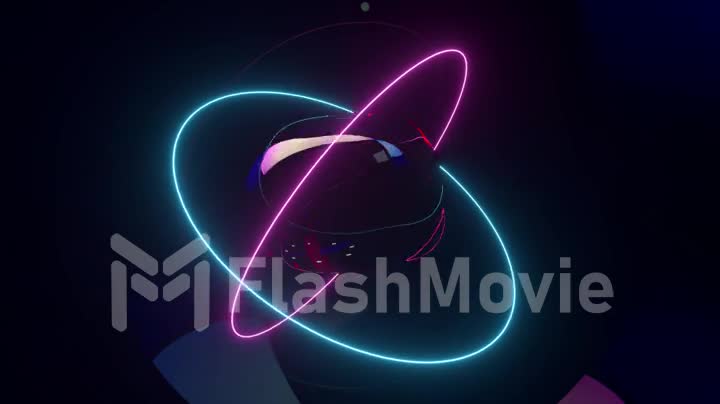 Abstract background with morphing dark spheres illuminated by neon rings. 3d animation of seamless loop