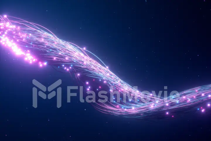 Glowing fiber optic cable. Information flows by wire. The concept of technology and information transfer. Modern blue purple color spectrum 3d illustration