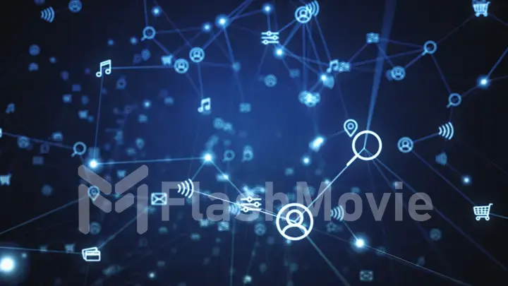 Background of randomly moving network and internet related things. Online shopping, social networks, connections, global connections. 3d illustration