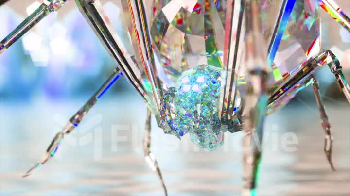 Diamond spider close-up. Blue neon head. Walking spider. Diamond spider legs. Abstract glowing background. 3d animation
