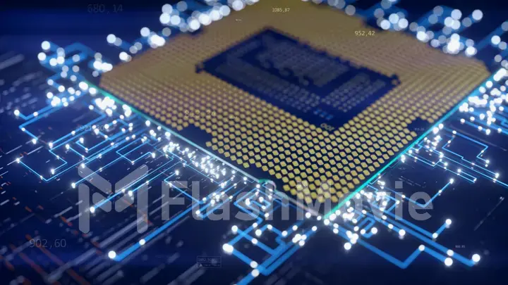 A computer processor with millions of connections and signals. Technology cpu background. Pulses and signals from the chip propagate through the motherboard. 3d illustration