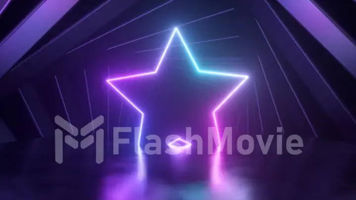 Neon figure of a star on the stage. Dark blue square frames rotate in the background to form a tunnel.