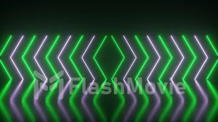 Flashing bright neon arrows light up and go out indicating the direction on the reflective floor. Abstract background, laser show. Ultraviolet neon green light spectrum. 3d illustration
