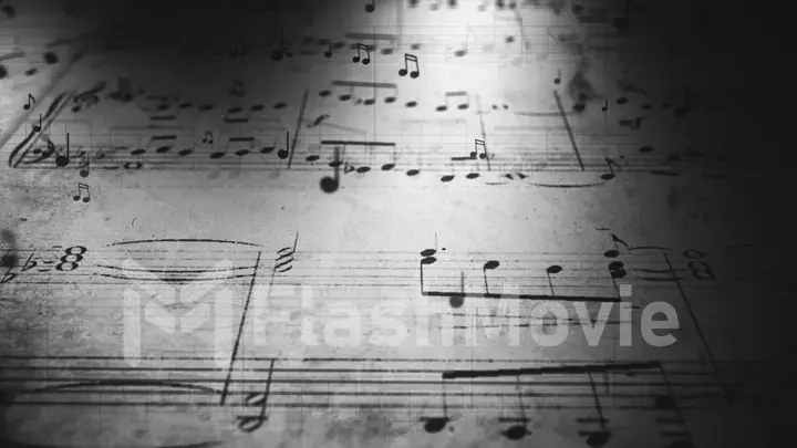 Atmospheric music background with notes on old paper in black and white 3d illustration