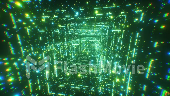 Digital technology tunnel. 3D illustration Big Data Digital square corridor with futuristic matrix. Binary code particle network. Motion and communication technology background. Flashing particles.