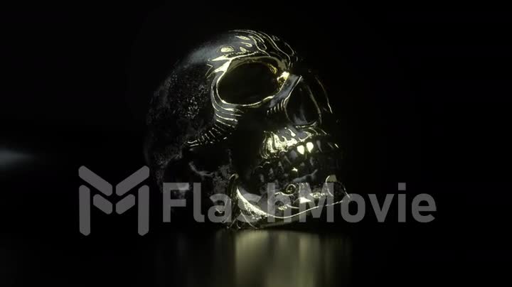 Human skull with gold accents close-up. Horror and halloween fear concept. 3d animation