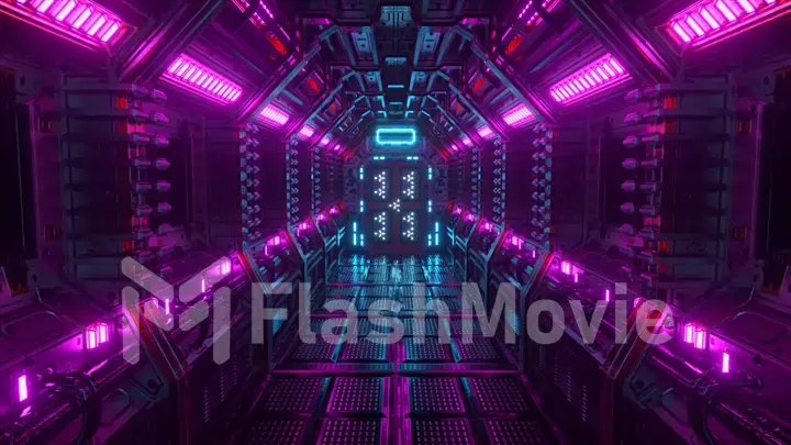 Flying in a spaceship tunnel, a sci-fi shuttle corridor. Futuristic abstract technology. Technology and future concept. Flashing light. 3d illustration