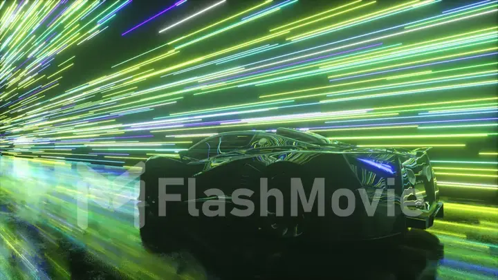 Futuristic concept. Sports car on the background of glowing neon lines. Blue green color. 3d Illustration