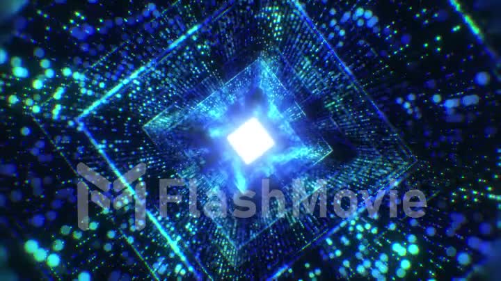 Infinite rotate neon light square tunnel of glowing dots particle. Cyber technology background.