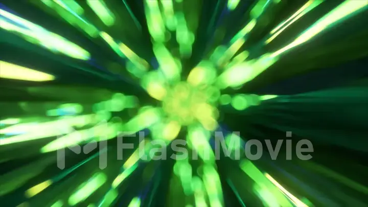 The concept of digital data transmission. Green neon rays. Graphic creating vision of fast speed transfer.