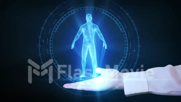 Businessman is holding a human hologram in his hand