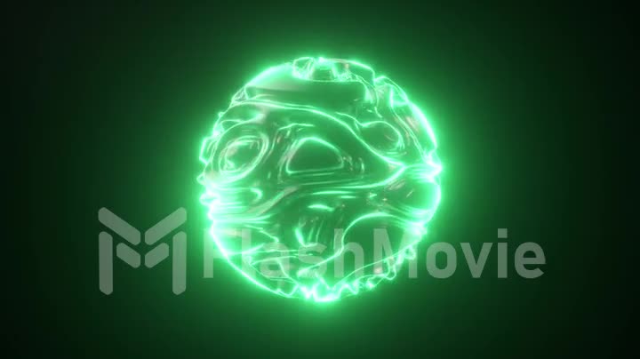 Abstract luminous neon sphere. Abstract background with futuristic green wavy ripples. 3d shape with strobing curly pattern. Seamless loop 3d render