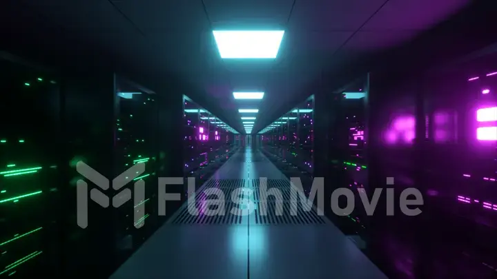 Digital data transmission to data servers behind glass panels in a data center server room. High speed digital lines. 3d illustration