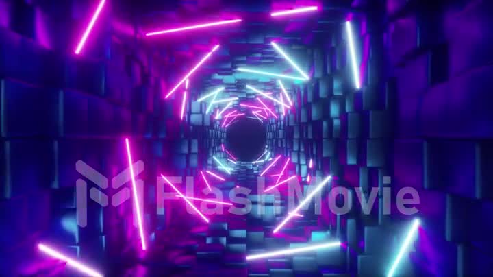 Abstract flying in futuristic corridor, seamless loop 4k background, fluorescent ultraviolet light, glowing colorful laser neon lines, geometric endless tunnel, blue pink spectrum, 3d render
