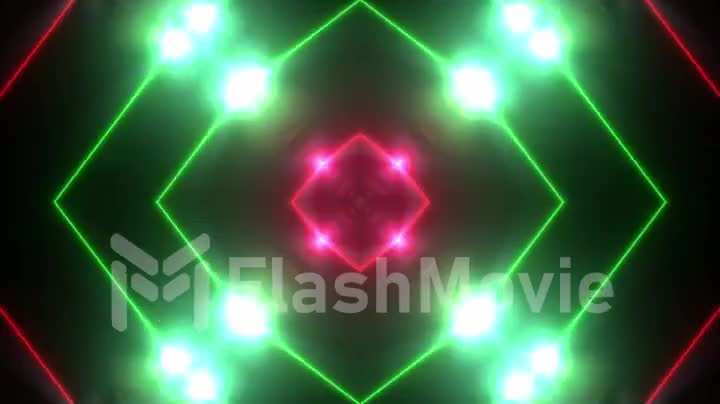Abstract disco kaleidoscopes background with animated glowing neon colorful lines and geometric shapes for music videos, VJ, DJ, stage, LED screens, show, events, christmas videos, night clubs.