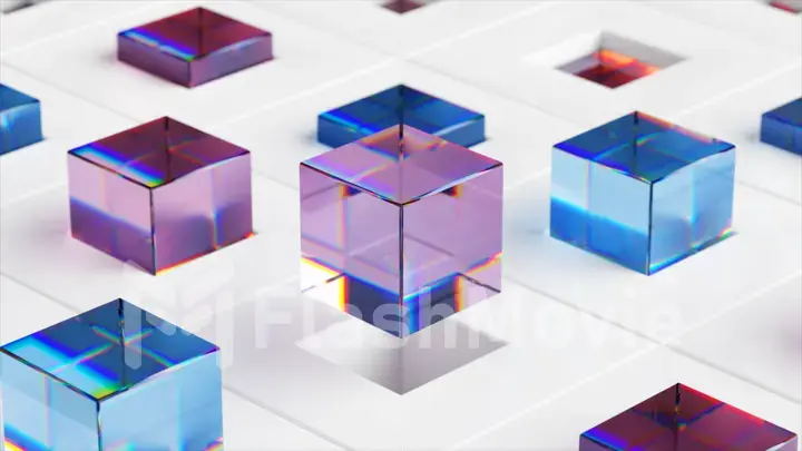 Abstract concept. Glass colored cubes fly out of white cells on the floor. Blue purple color. 3d illustration