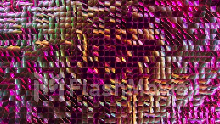 Abstract background of reflective holographic cubes creating a wave surface. Modern neon lighting, trendy background. 3d animation of seamless loop