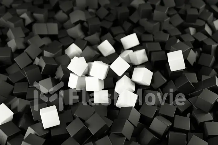 Black white 3D illustration from a pile of abstract cubes rolling and falling from top to bottom.