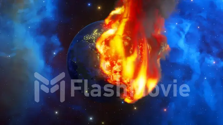 The big bang burns the planet leaving a large lava ball. Space on the background. Red orange fire. Smoke.