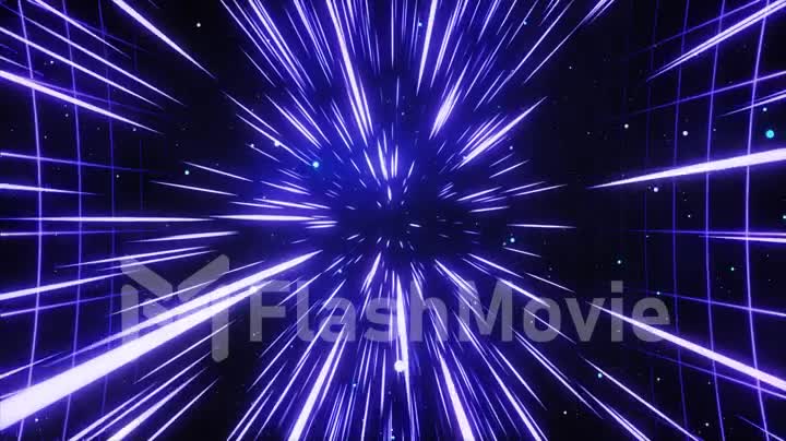 Hyperspace jump in outer space with a grid. The speed of light. Light from the stars passing by. 3d animation of a seamless loop.