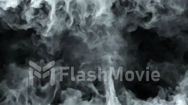 White steam spins and rises from bottom and top. White line smoke rises and falls from a large pot, which is located behind the frame. Isolated 3d illustration black background.