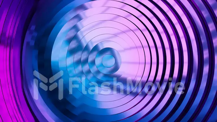 Abstract pattern of circles with the effect of displacement. Modern ultraviolet blue purple neon light. Clean rings animation. Abstract background for business presentation. 3d illustration