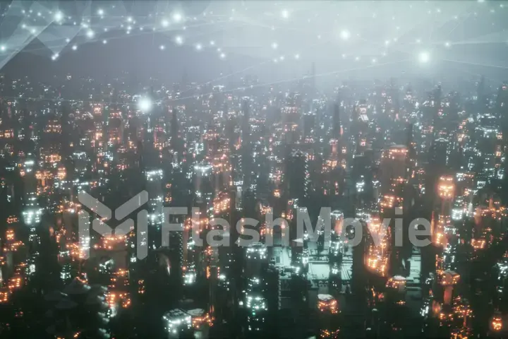 Futuristic city at night in the fog, the city of the future is covered with a grid of connections, the concept of information transfer 3d illustration