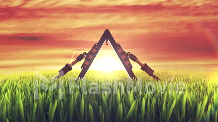 Futuristic concept. Futuristic gates stand in the open field at dawn. Technology and Nature 3D illustration