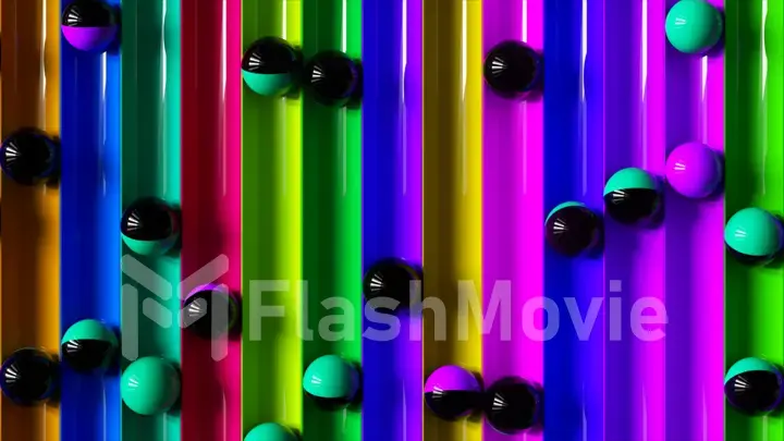 Bright colorful background with rolling balls along the paths. Minimalism and fashion concept. 3d illustration