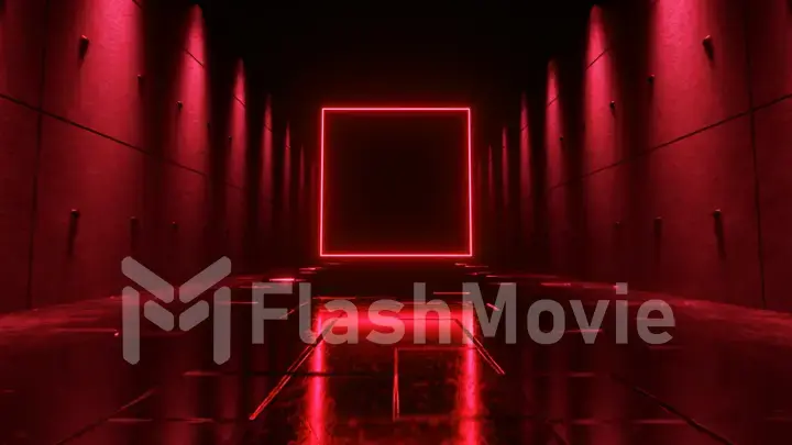 Endless flight in a futuristic dark corridor with neon lighting. A bright neon square in front. 3d illustration