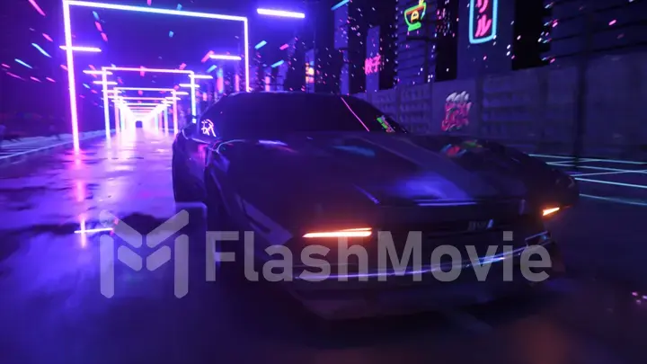 Car and city in neon style. 80s retro background 3d illustration. Retro futuristic car drive through neon city.