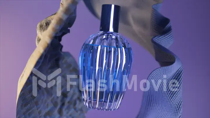 Advertising concept. Elegant perfume bottle on isolated purple background. The fabric flies on the sides of the bottle