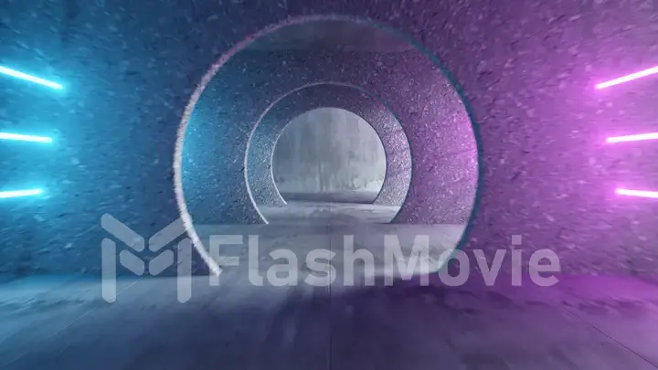 Endless flight in a gray concrete tunnel with bright luminous neon stripes. Modern ultraviolet light spectrum. The movement of the camera in a circle. 3d illustration