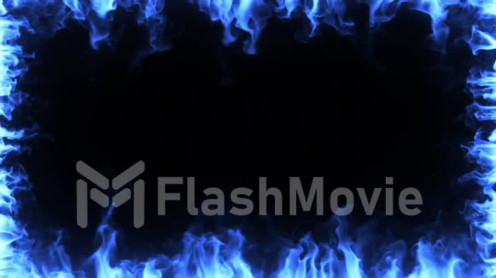Blue magic fire burns in slow motion. Fiery frame around the screen on a black isolated background. Seamless loop 3d render