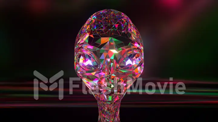 Space exploration concept. The alien's diamond face. Pink green neon color. 3d illustration