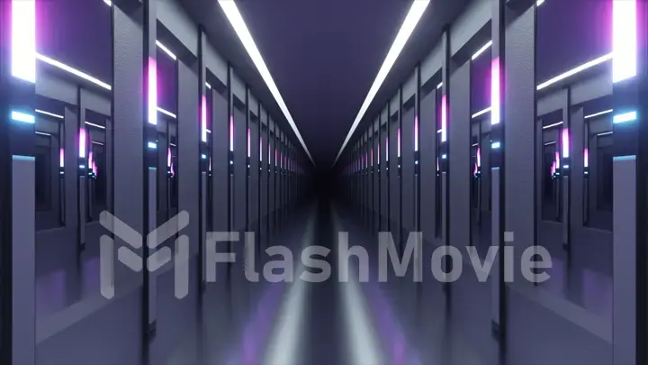 Sci-fi tunnel or spaceship corridor. The camera pans down a neon-lit corridor. Future concept. 3D illustration