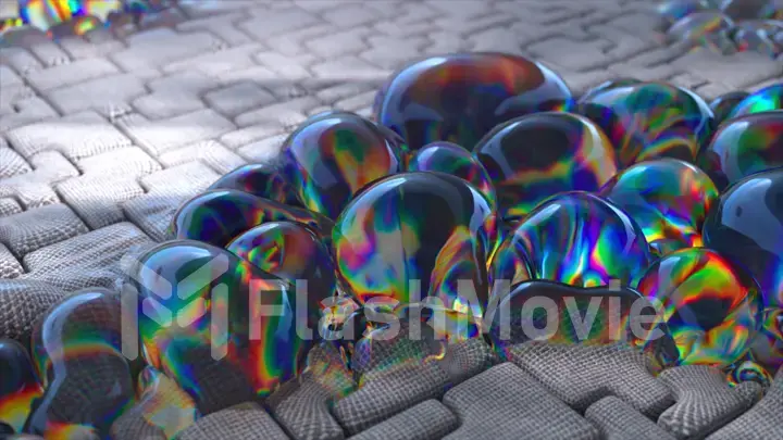 Abstract concept. Large iridescent bubbles inflate on a gray soft surface. Patterns. Puzzle. Dark and light.