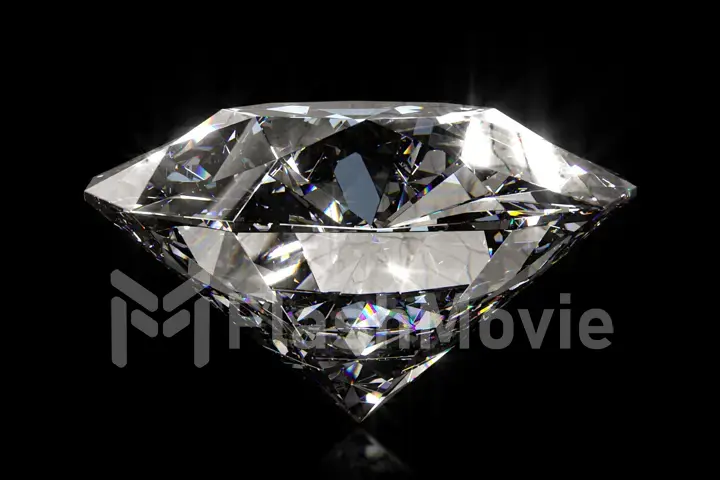 Beautiful large crystal clear shining round cut diamond, rotates against a black mirror isolated background. Close up side view. 3d illustration