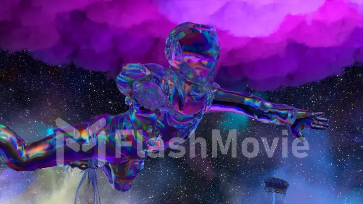 Diamond astronaut floats in outer space. Blue purple neon color. Diamond jellyfish. Stars in the background. Clouds