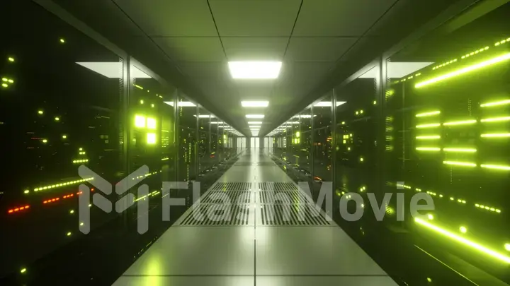 Digital information flows through the network and data servers behind glass panels in the server room of the data center. 3d illustration